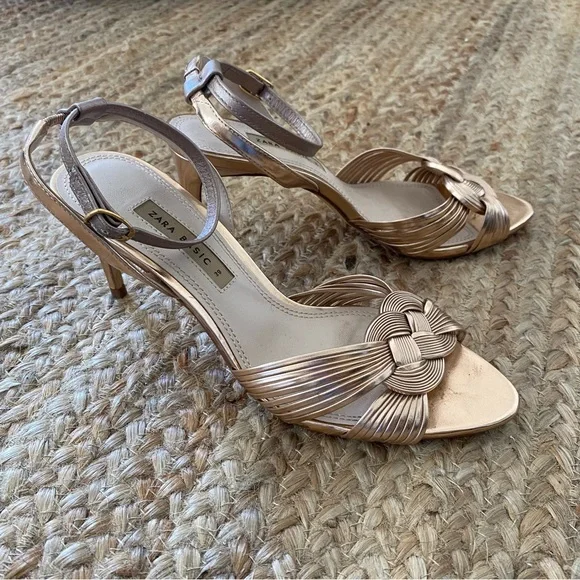 Zara Rose Gold Knot Braided Heels with Ankle Strap - Picture 8 of 11